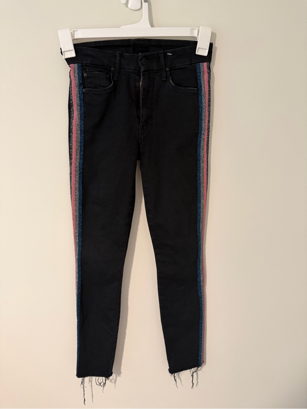 MOTHER Black Skinny Jeans with Pink & Blue Side Stripes